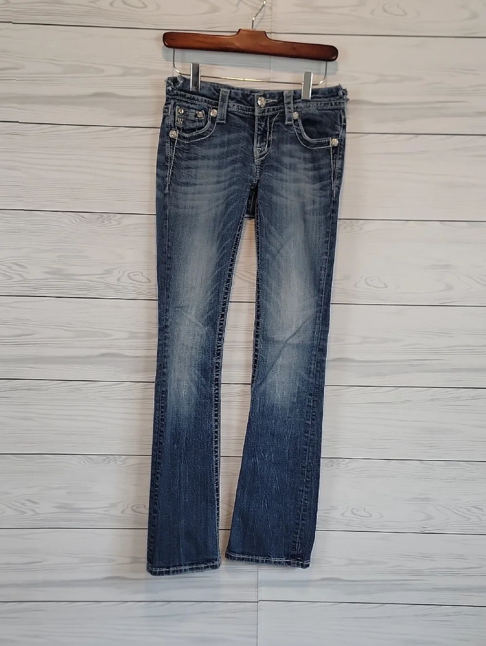 Miss Me Distressed Waistband Bootcut Blue Denim Jeans Womens Size 25